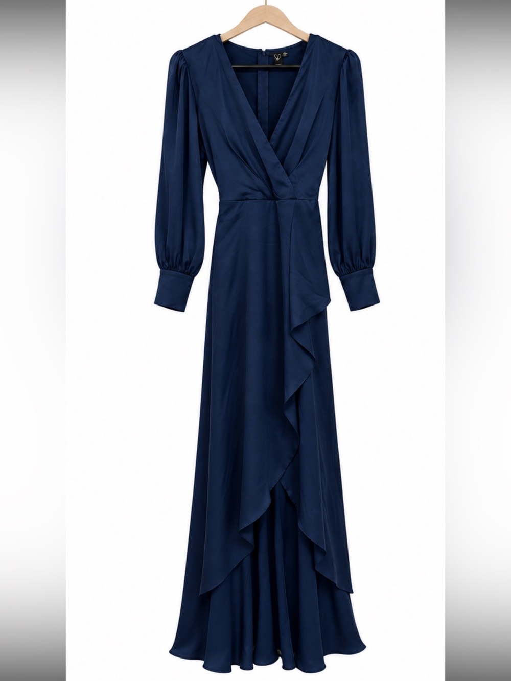 Windsor Navy Long-Sleeve Wrap Maxi Dress with Cascade Ruffle